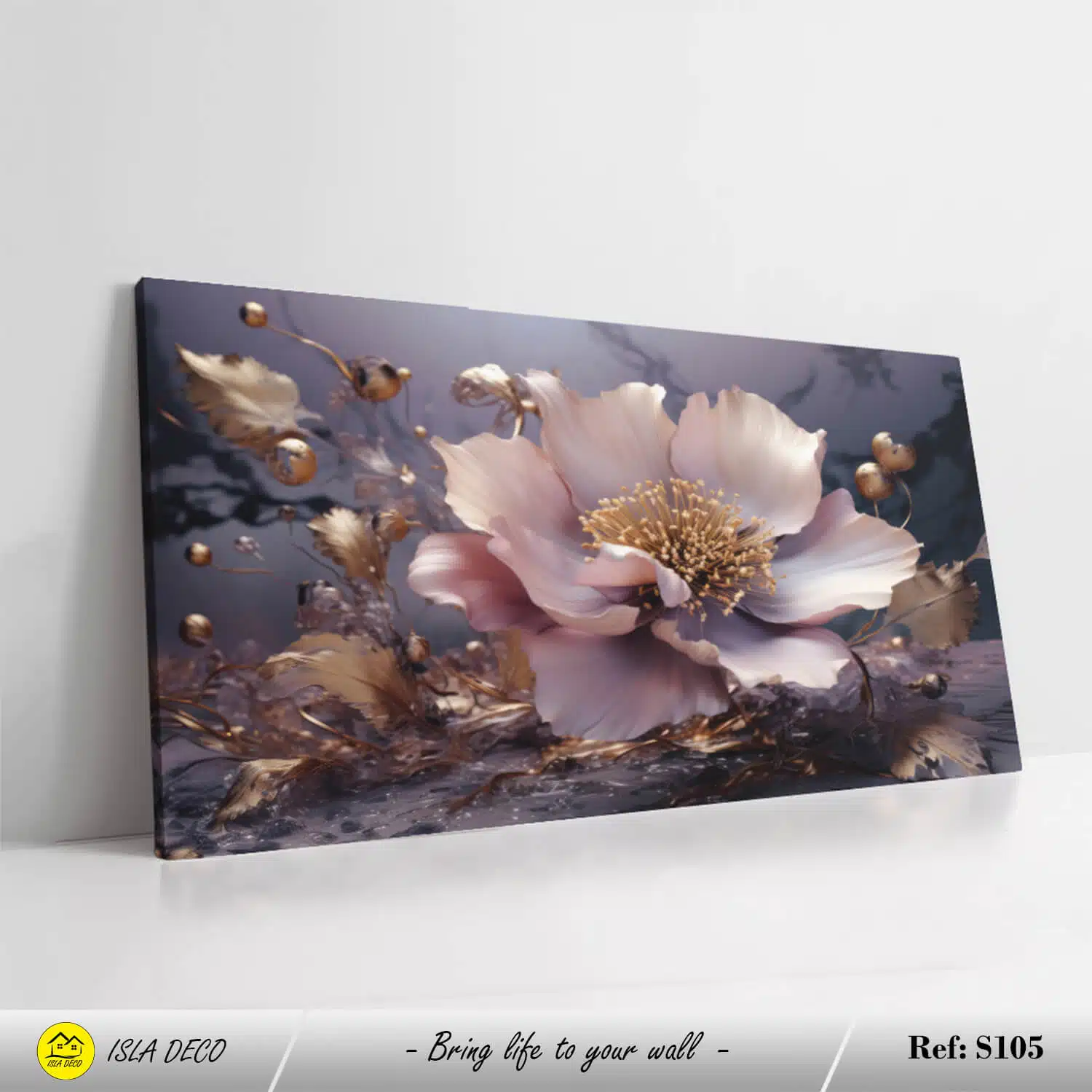 Fleur ornementale avec des détails dorés entourée de feuilles élégantes