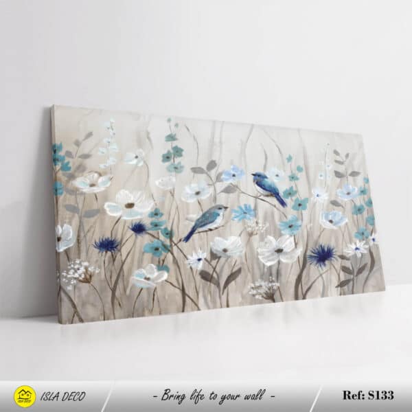 Tableau décoratif avec fleurs délicates et oiseaux bleus sur fond gris