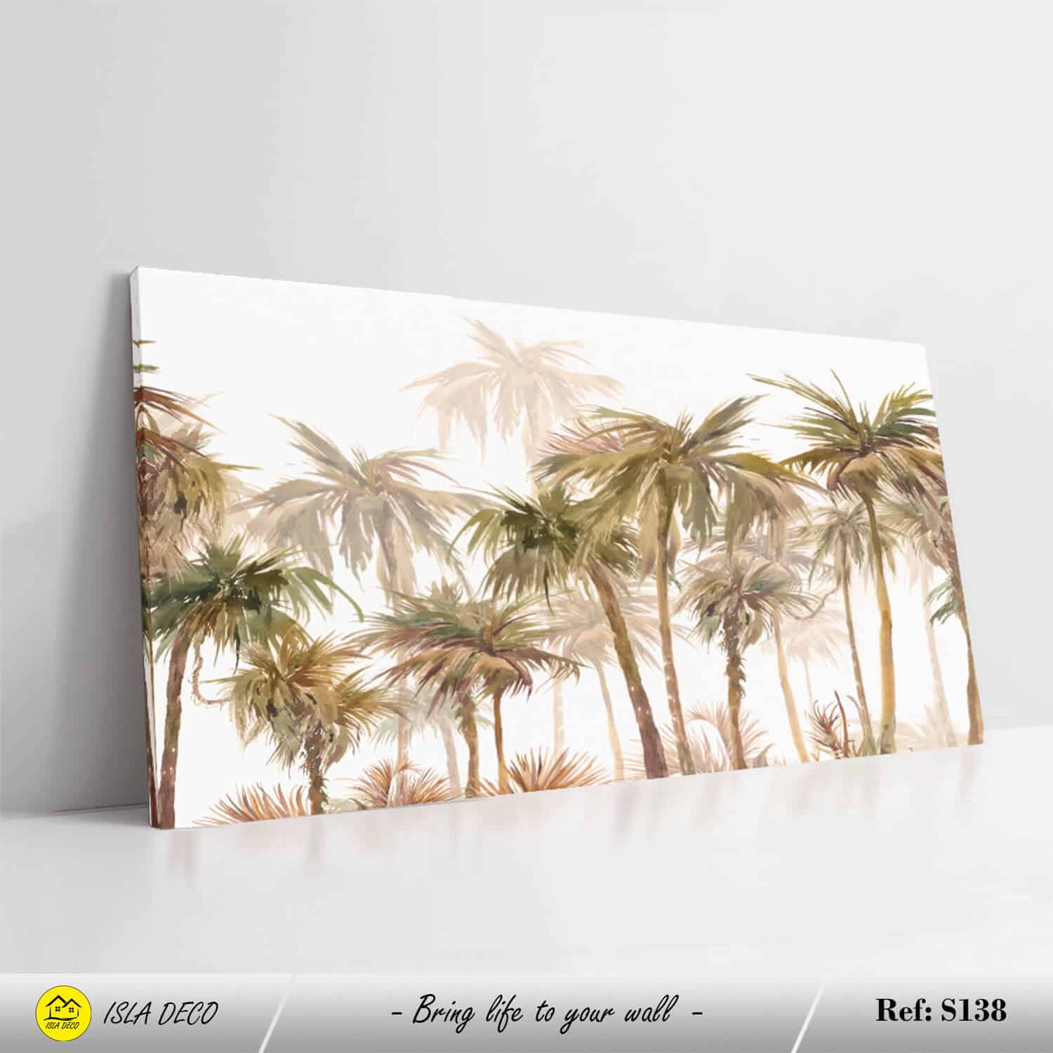 Art mural avec des palmiers peints dans des tons doux sur fond blanc