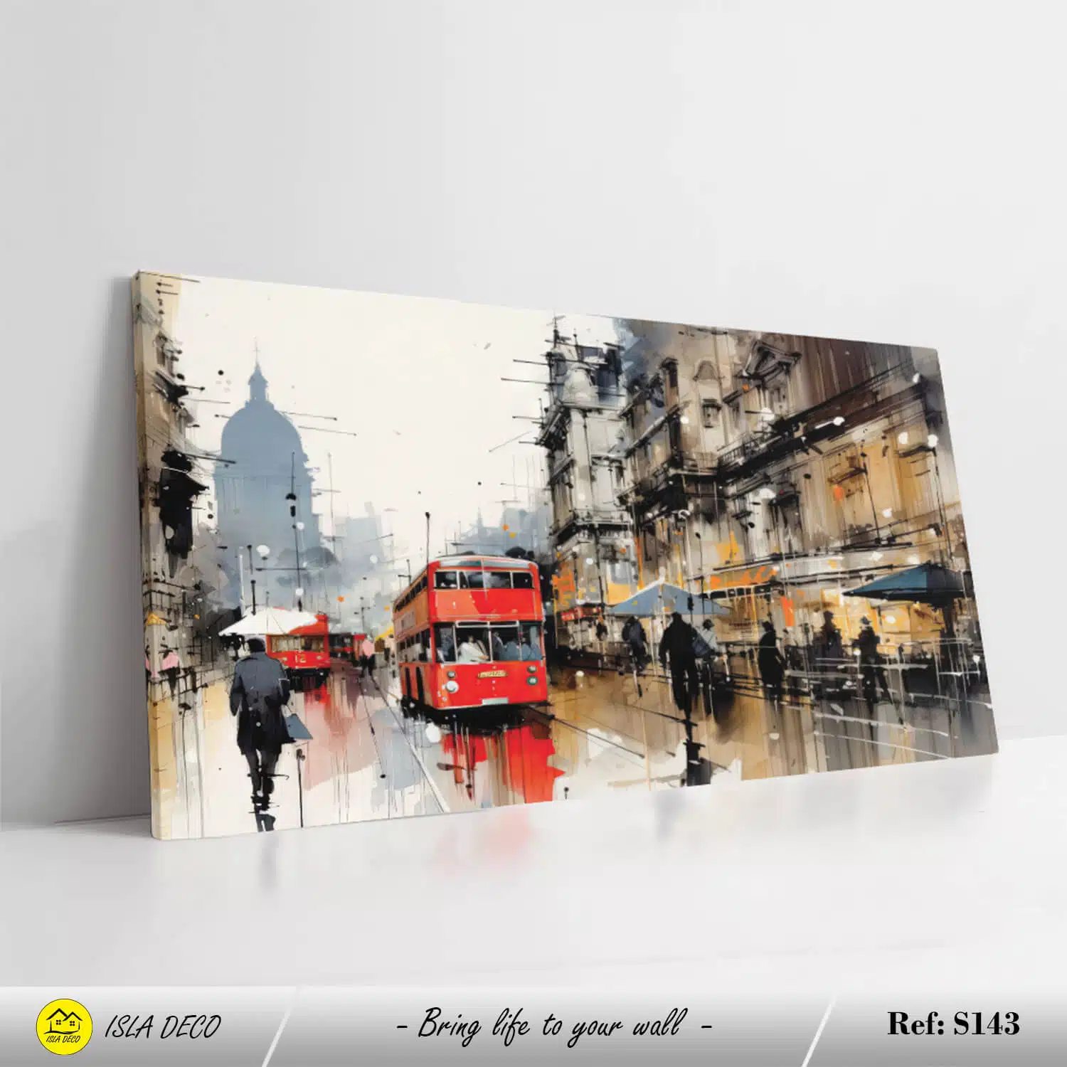 Scène urbaine avec bus rouge et ciel nuageux effet peinture