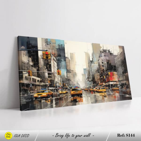 Tableau urbain avec rue animée et taxis jaunes sous les feux de circulation