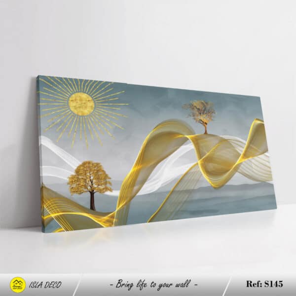 Tableau abstrait avec arbres et soleil sur fond de vagues dorées