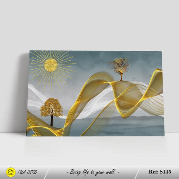 Tableau abstrait avec arbres et soleil sur fond de vagues dorées – Image 2