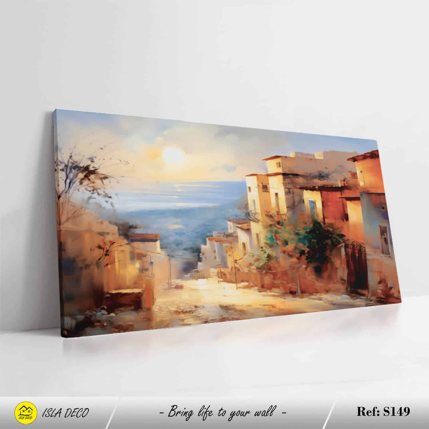 Toile artistique orientale d'une rue en bord de mer avec coucher du soleil