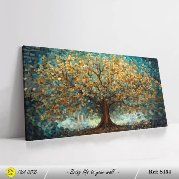Abstrait d'un arbre avec feuilles dorées et vertes sur fond doux