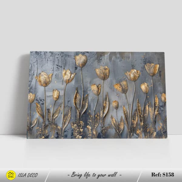 Art mural floral avec des fleurs dorées sur fond bleu pour une ambiance élégante – Image 3