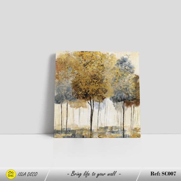 Peinture moderne d'automne avec des arbres aux feuilles dorées et bleues – Image 3