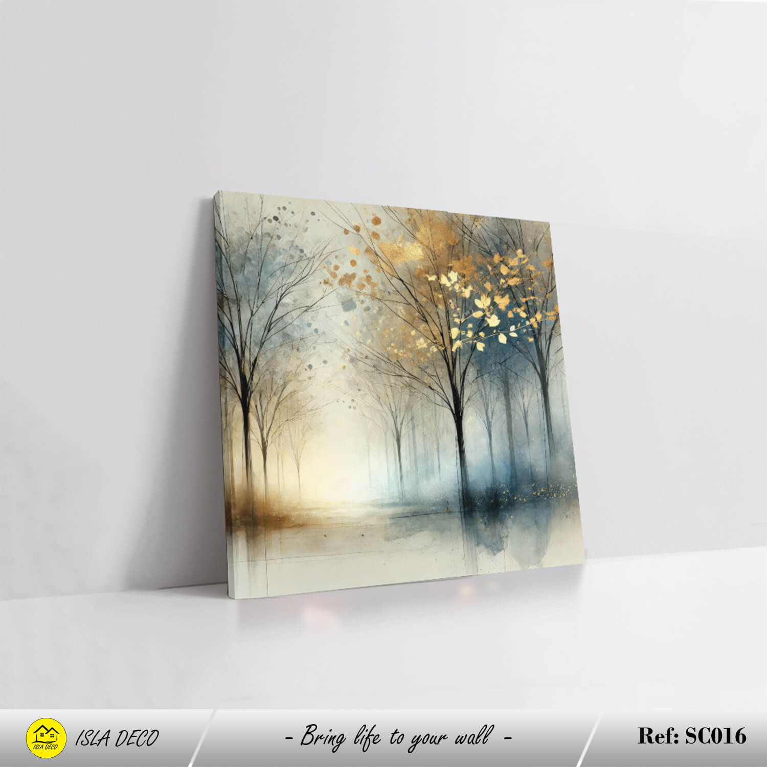 Peinture Abstraite de Forêt avec Arbres et Feuilles Dorées