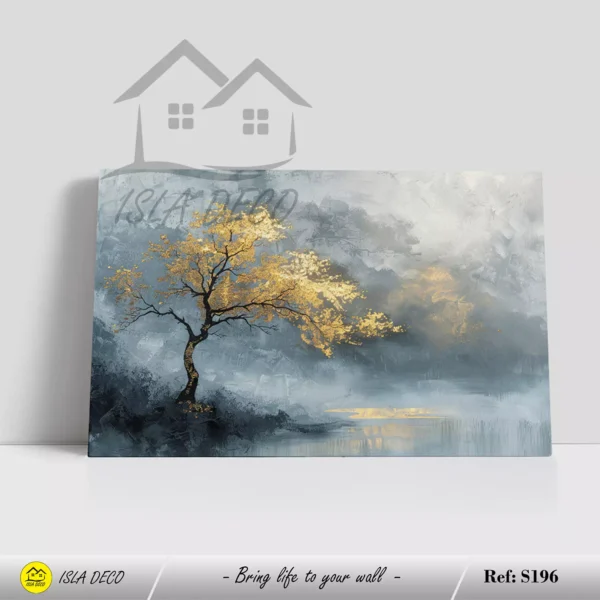 Arbre doré sur fond bleu et paysage brumeux – Image 2