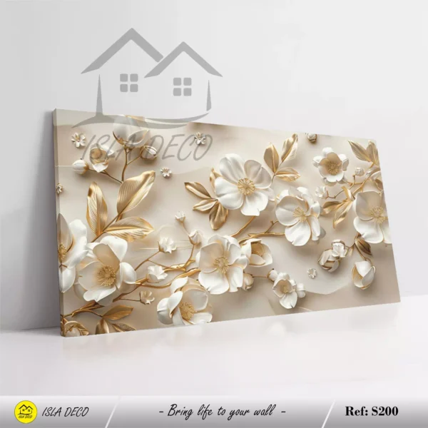 Tableau déco fleurs blanches et or , Ambiance chic et apaisante