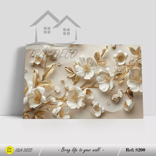Tableau déco fleurs blanches et or , Ambiance chic et apaisante – Image 2