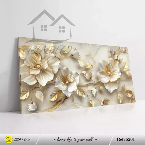 Fleurs blanches et dorées sur fond marbré , effet 3D