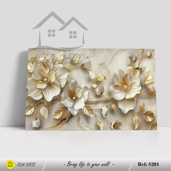 Fleurs blanches et dorées sur fond marbré , effet 3D – Image 2