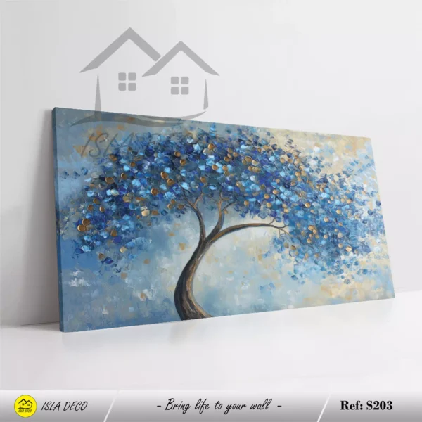 Arbre doré et bleu dans un style abstrait et apaisant