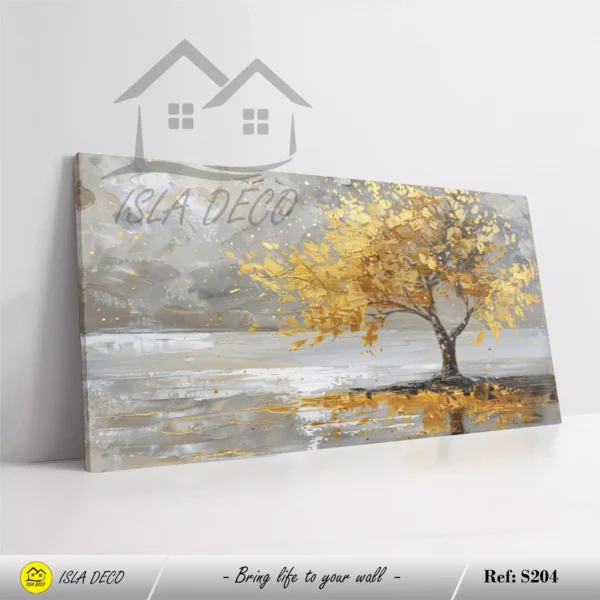 Paysage élégant avec arbre doré et fond gris texturé