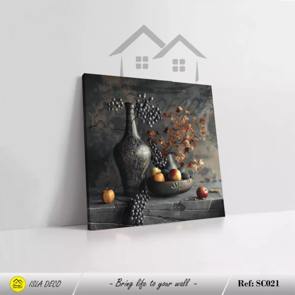 Peinture réaliste de raisins, pommes et feuillage d’automne