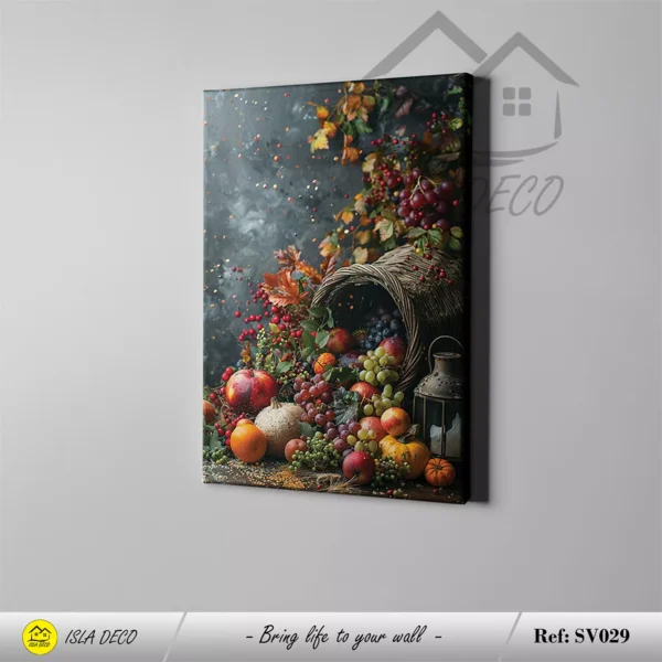 Scène automnale avec fruits, feuillage et lanterne