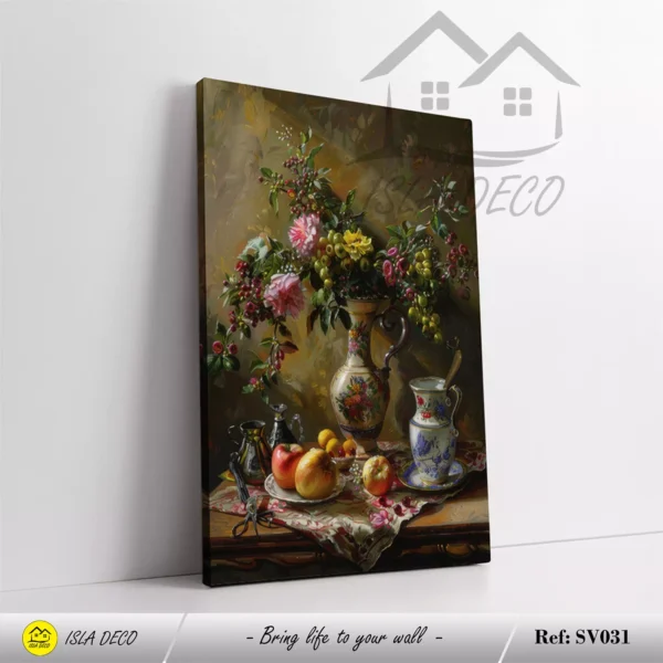 Peinture décorative vintage avec vase fleuri et fruits – Image 3