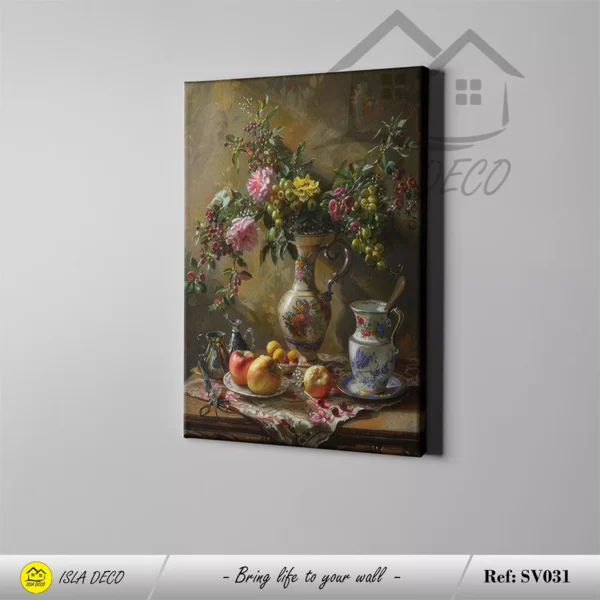 Peinture décorative vintage avec vase fleuri et fruits