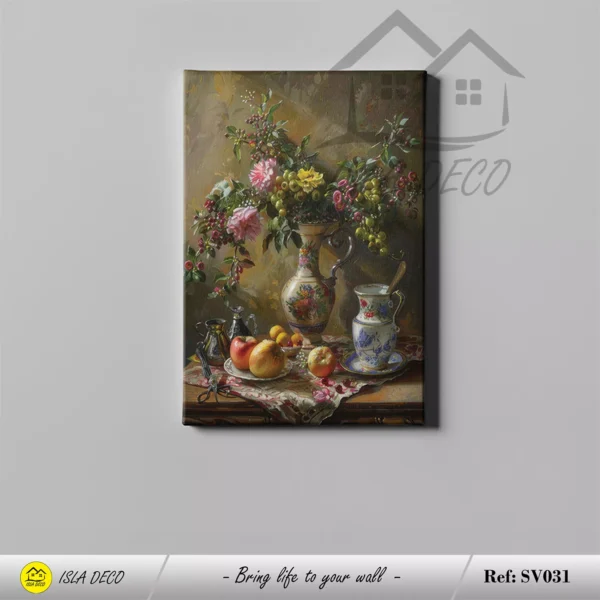 Peinture décorative vintage avec vase fleuri et fruits – Image 2